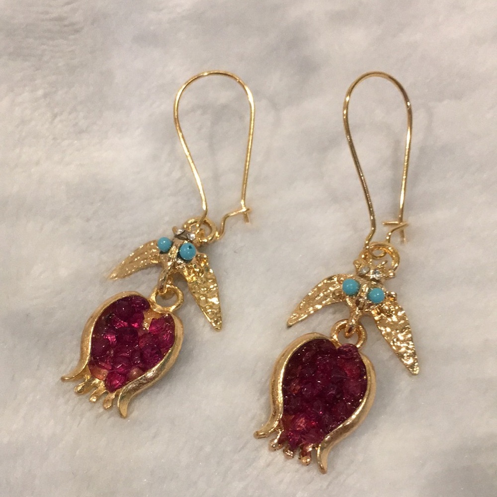 Pomegranate Fashion Pierced Earrings Beaded Crystal Encrusted Dangle 2.25” NWT